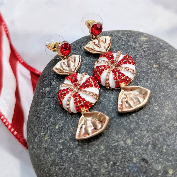 HOLIDAY Red White Sparkle Peppermint Dangle Post Earrings Christmas Gift NEW - Picture 3 of 6